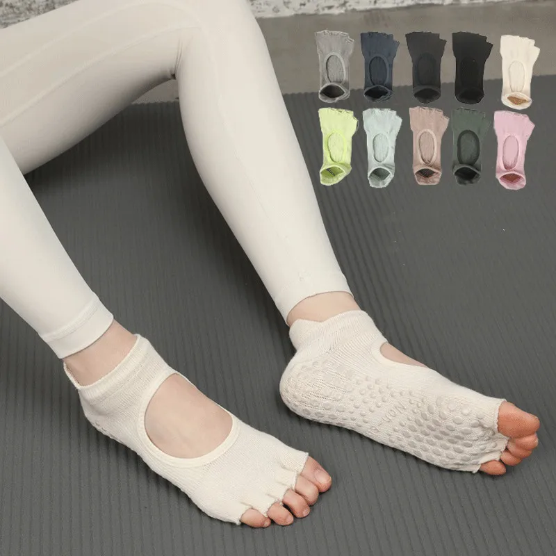 Women Toeless Pilates Silicone Non-slip with Fingers Toe Yoga Socks  Backless Breathable Cotton Dance Sports Ankle White Stocking
