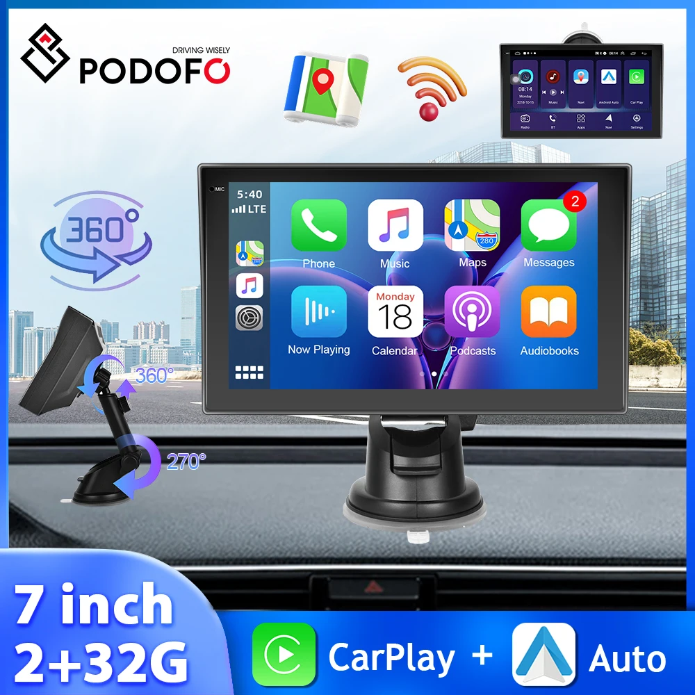

Podofo 7'' HD Screen Car Monitor Dashboard Wireless Carplay Android Auto 2+32G DVR Drive Recorder Rear View Camera WIFI GPS FM