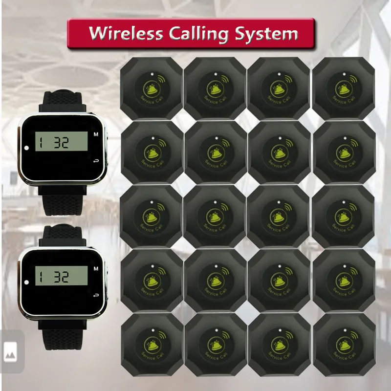 QWICALL 433.92 MHz 20 wireless calling buttons 2 rechargeable watch pagers for hotel restaurant waiter calling system