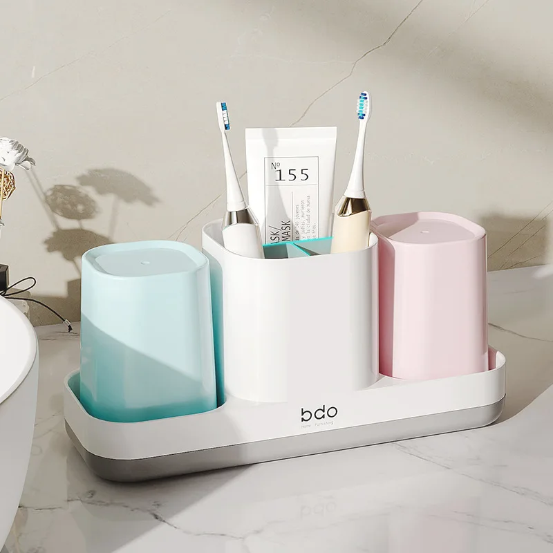 

Toothbrush and Toothpaste Storage Rack with Wall Mount Cup Holder and Non-perforated Mouthwash Cup Bathroom