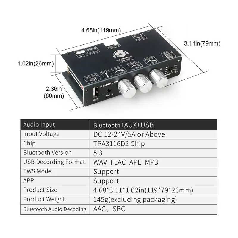 FULL-TW100U 100W 모노 앰프 보드, TPA3116D2 디지털 파워 앰프 모듈, TWS-무선 페어링, 블루투스 5.3, AUX 지원
