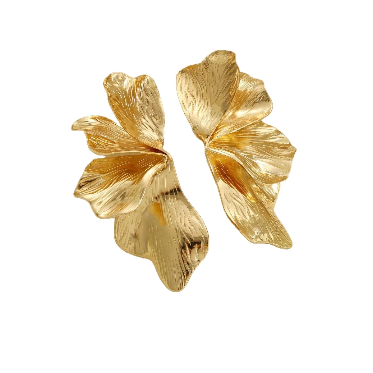 Stainless Steel Golden Double Layered Five Petal Flower Earring for Women Vintage Stripe Flower Dangle Earrings Jewelry Gifts
