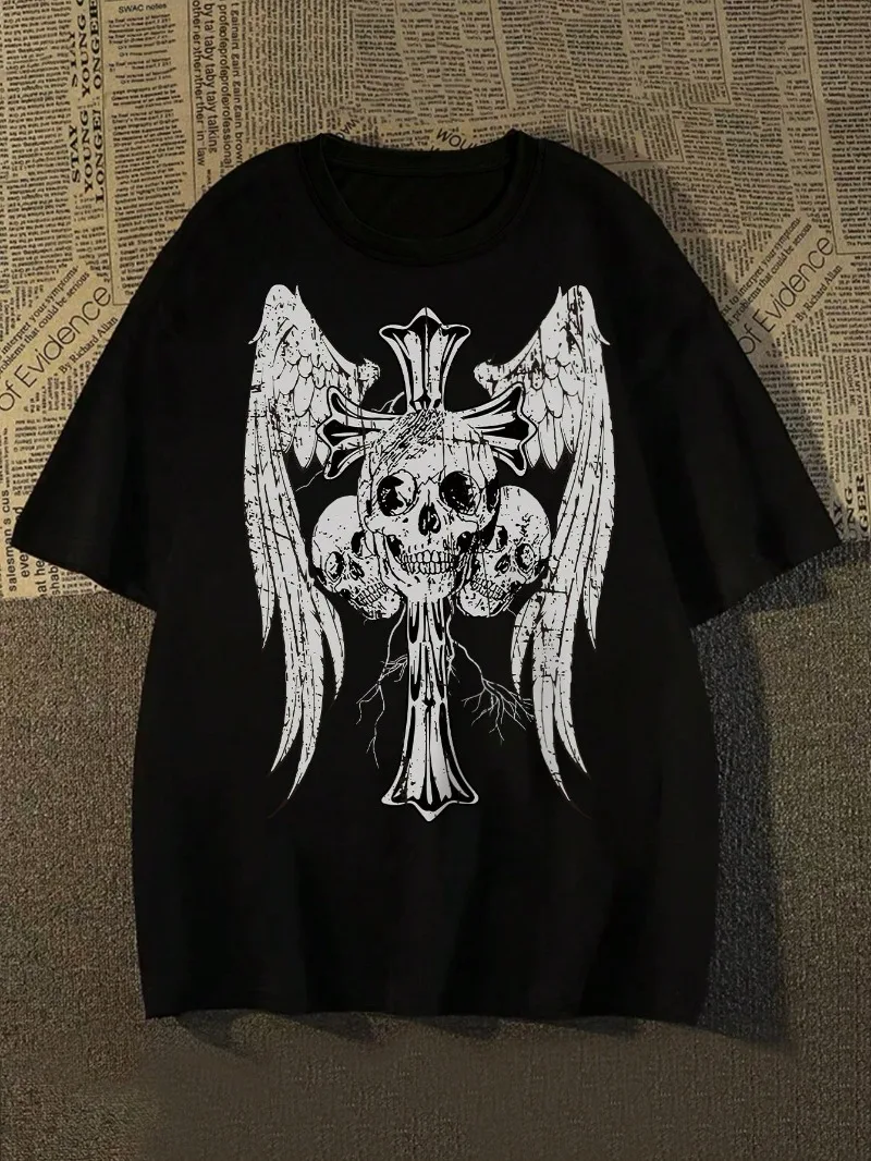 

American Street Men's T-shirt, 2024 New Fashion Skull & Wings Angel Wings Print Short Sleeve, Summer Vintage Men