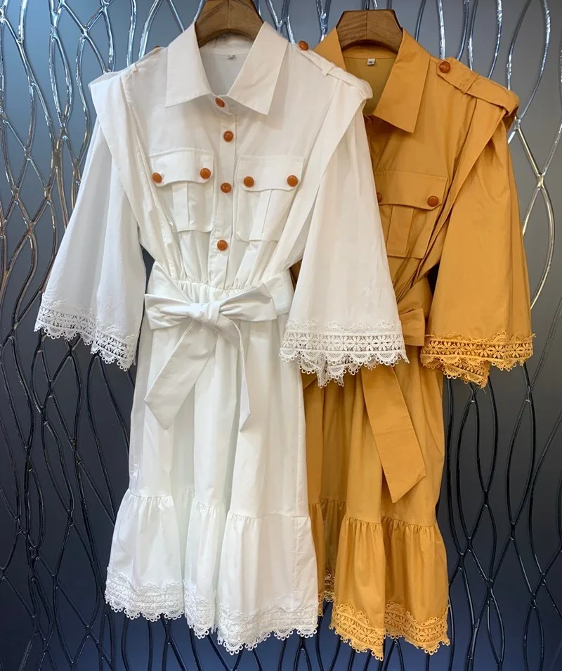 

Summer Dress 2022 High Quality Women Turn-down Collar Lace Patchwork Button Belts Deco Half Sleeve Casual White Yellow Dress