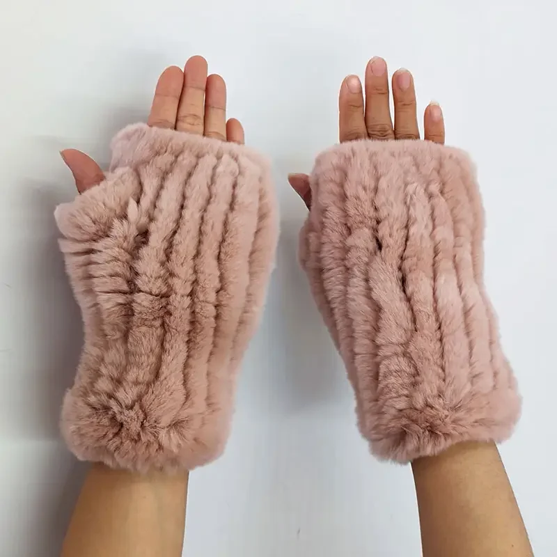 

New Women 100% Real Genuine Knitted Rex Rabbit Fur Mittens Winter Warm Lady Real Fur Fingerless Gloves Handmade Knit Fur Mitten