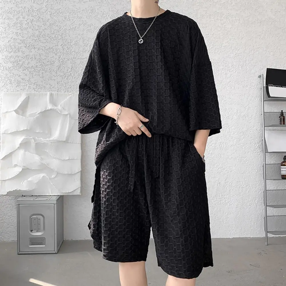 

2024 Men's high qualit New Summer Round Neck Short Sleeve Men Casual Sports Set Loose T-shirt Shorts Waffle Style Clothing