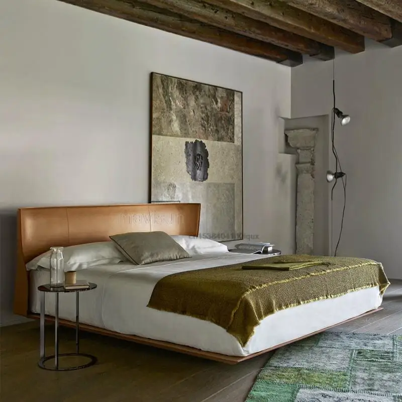 Italian Minimalist Loft Wedding Bed Modern High-end Small Apartment Master Bedroom First Layer Leather Double Bed 1.5m 1.8m