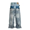 HKSH Spring Autumn New Men's Tide Punk Ripped Denim Pants Women's Spliced Double Layer Waist Baggy Jeans Streetwear Chic  HK3747 5