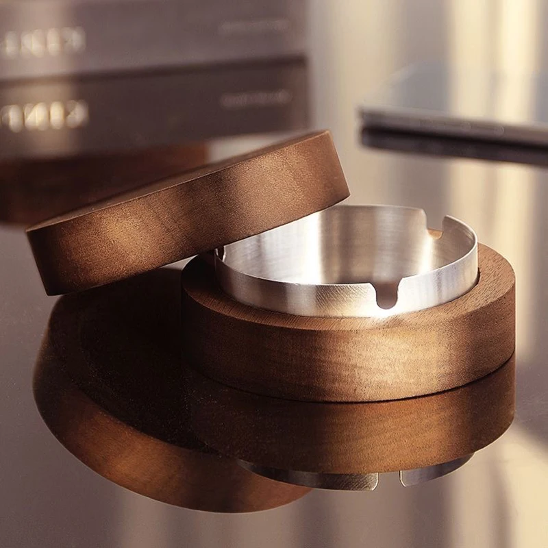Walnut Wood Ashtrays With Lid Covered Windproof Ashtray Stainless Steel Liner Indoor Outdoor Ash Tray for Home