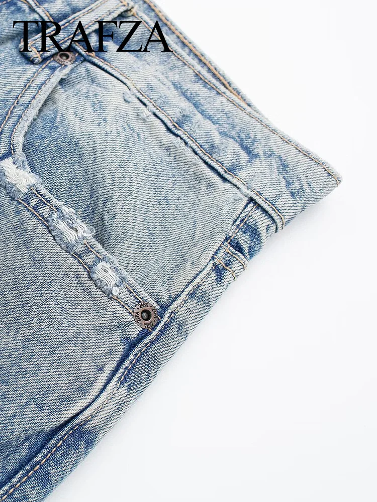 TRAF 2024 Fashion Women Casual Loose High Waist Blue Denim Trousers Female Wide Leg Jeans Long Pants High Street Ripped Jeans