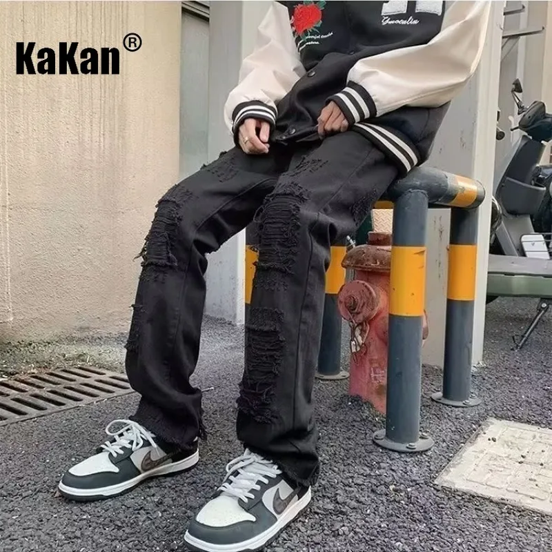 Kakan - Europe and The United States New Fake Hole Jeans Men's, Gang Handsome Raw Edge Straight Slim Pants Long Jeans K63-397