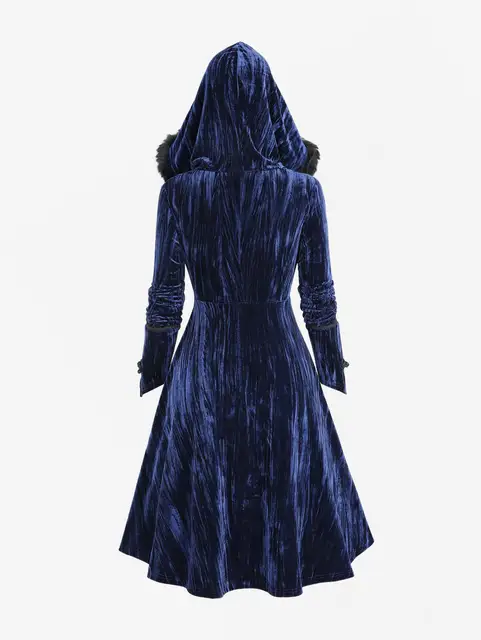 ROSEGAL Plus Size Gothic Fur Coats Black Full Zipper Applique Panel Fur Trim Fluffy Collar Long Sleeves Velvet Coat Outwears 5