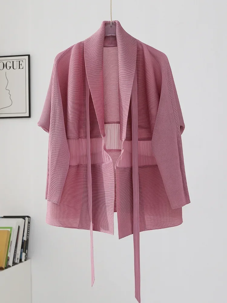Miyake Pleated Coat Women's Spring and Autumn New 2024 Fashionable Temperament Design Lapel Waist Tie Versatile Short Coat