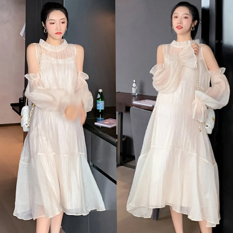 Spring Summer Pregnant Women Dress Suits Sweet Ruffled Collar Shoulderless Maternity Chiffon Party Dresses Beach Clothes