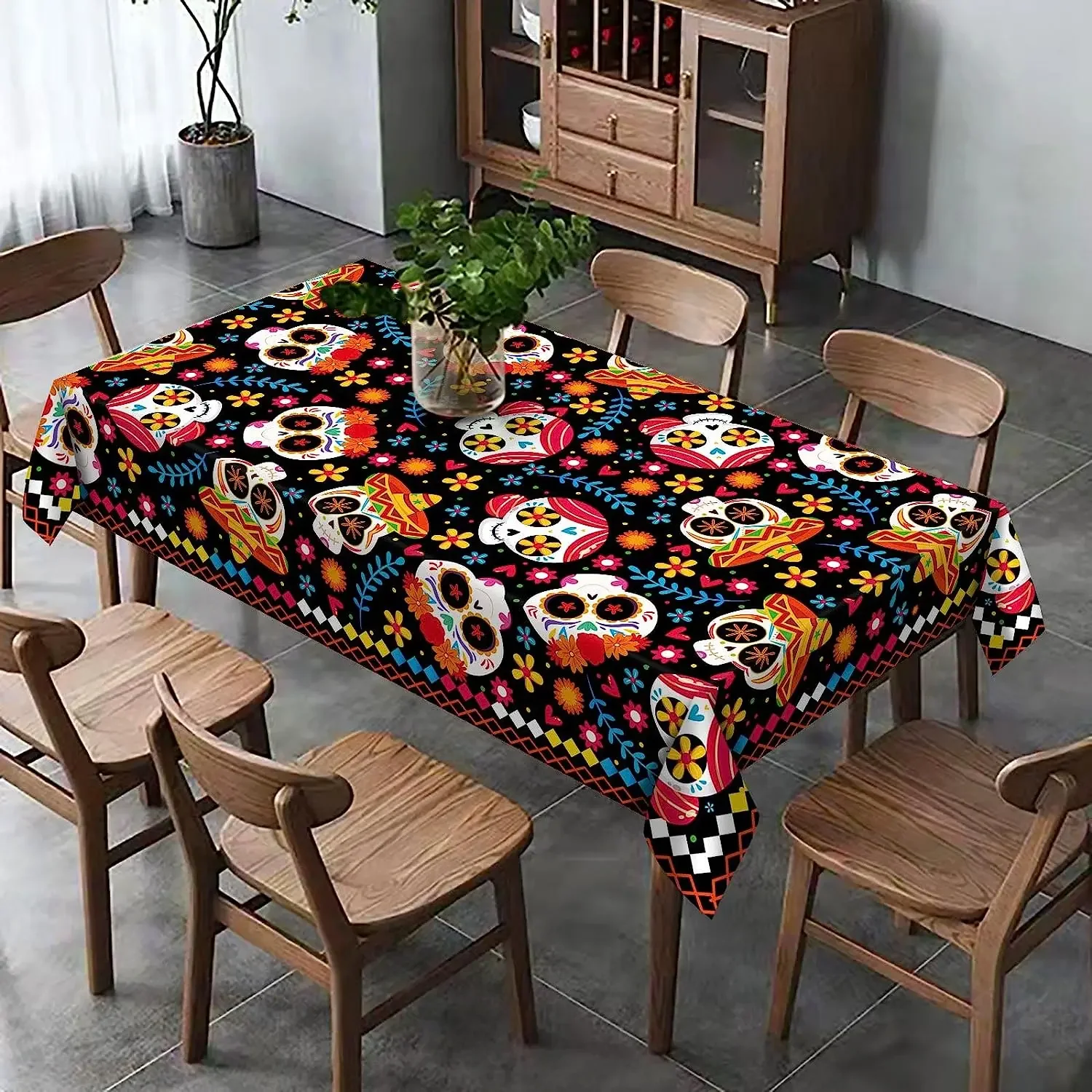 Day of The Dead Rectangle Tablecloth Sugar Skull Halloween Decor Mexican Fiesta Dia DE Los Muertos Waterproof Tablecloth Decor - Image 2