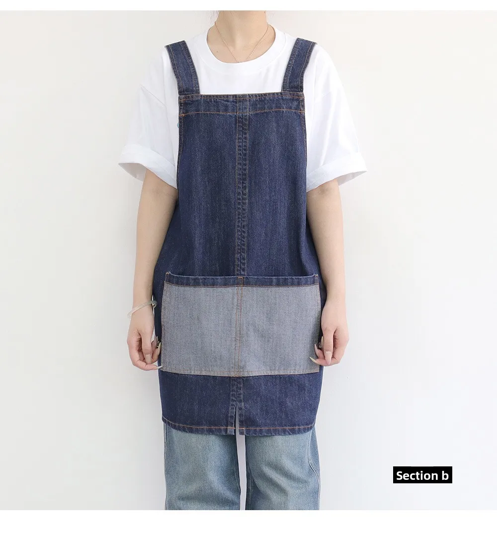 Maßgeschneiderte Schürze aus gewaschenem Denim mit verstellbaren Taillengurten für Heim- und Café-Arbeitskleidung, verstellbare Taille, Café-Schürze – Detail 14