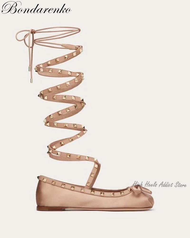 

Rockstud Satin Lace-up Sandals Ballet Flat Shoes 2023 Summer New Luxury Designer Black Bow Round Toe Shoe Plus Size on Offer