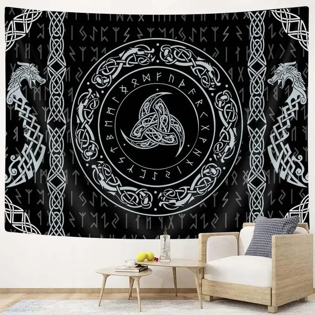Norse Myenson Vibasin Tapisserie, Mysterious Prairie, Runes Totem Tapisseries, Wall Face Art, Living Room, Bedroom Home Decor 6