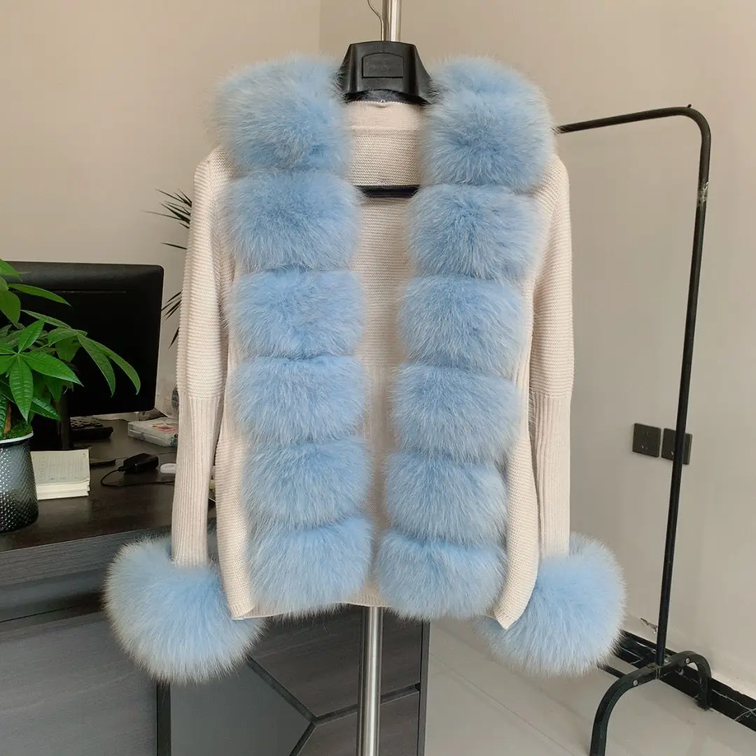 Women's spring and autumn sweater cardigan jacket with real fox fur collar real fox fur jacket natural fox fur women's jacket 5