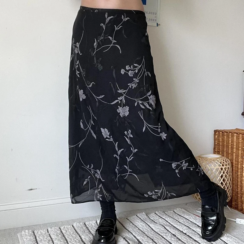 

Women Retro Side Slit Skirt High Waist Flower Print Ankle Length Mesh Skirt for Spring Autumn