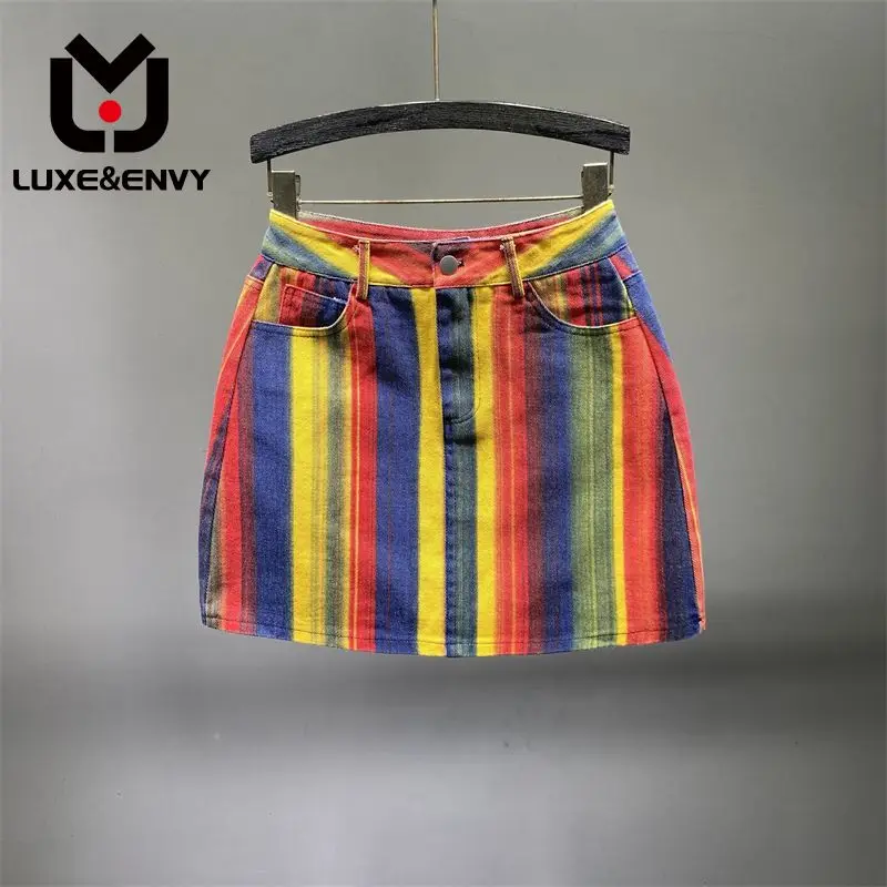

LUXE&ENVY Striped Print Denim Skirt Women's Spring/Summer 2023 New Fashionable High Waist Slim A-line Wrapped Hip Short Skirt