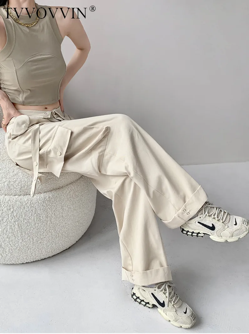 

WOMENGAGA 2023 Cool Flip Waist Design Draping Cargo Pants Women's Thin Street Fashion Multi Pocket Loose Wide Leg Pants H1PP