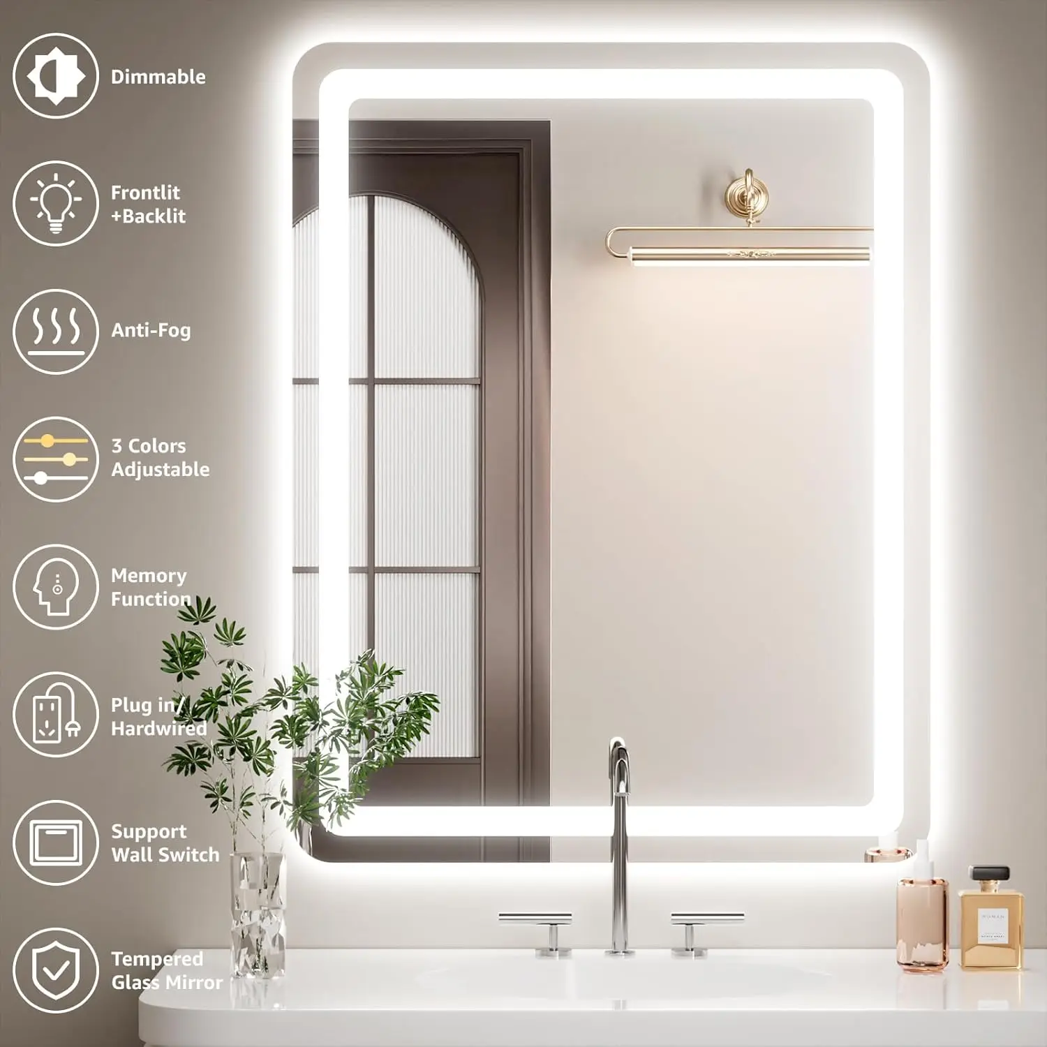 40" x 36" Led Bathroom Mirror with Lights, Anti-Fog & Tri-Color Lighting - Wall Mounted Shaving Mirror with Touch Sensor, Waterp