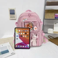 College Student Rucksack Fashion Casual Book Bags Nylon with Plush Pendant Pin Cute Large Capacity Japanese Style for Teen Girls 5