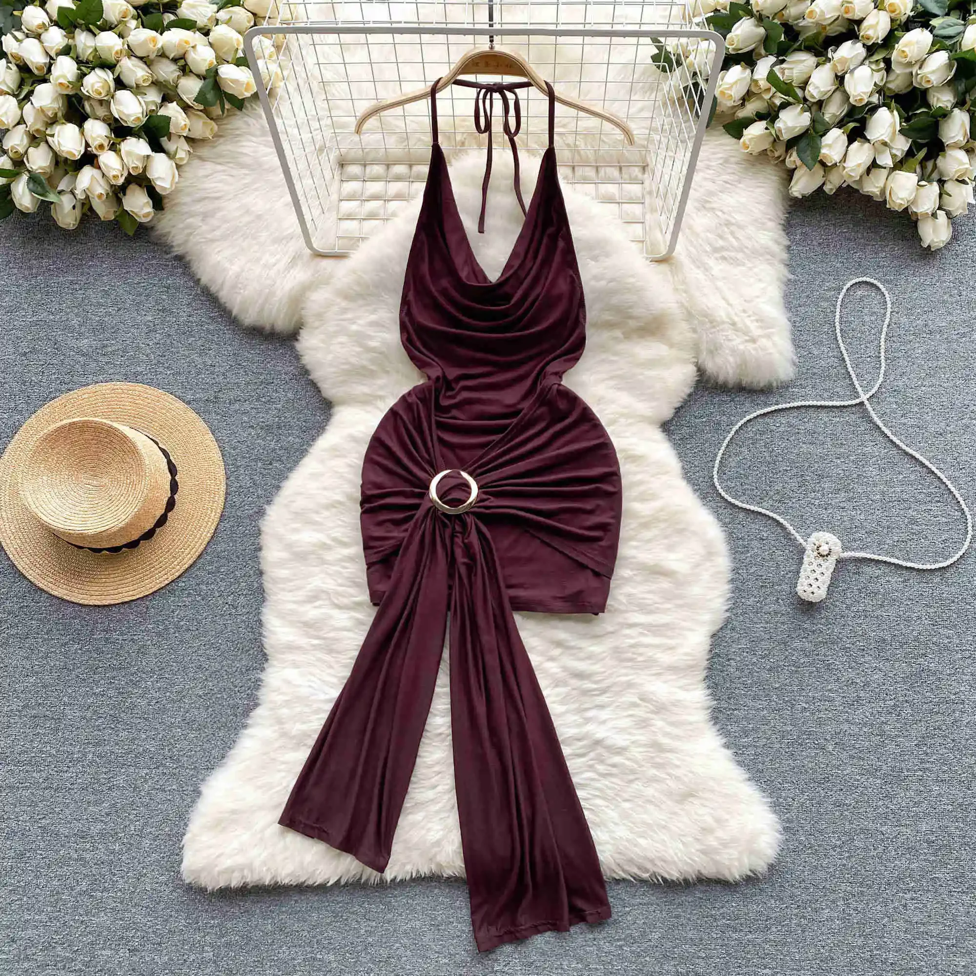 

Foamlina Sexy Lace-up Halter Neck Sleeveless Backless Mini Party Dress Women Summer Chic Folded Slim Fit Irregular Club Dress