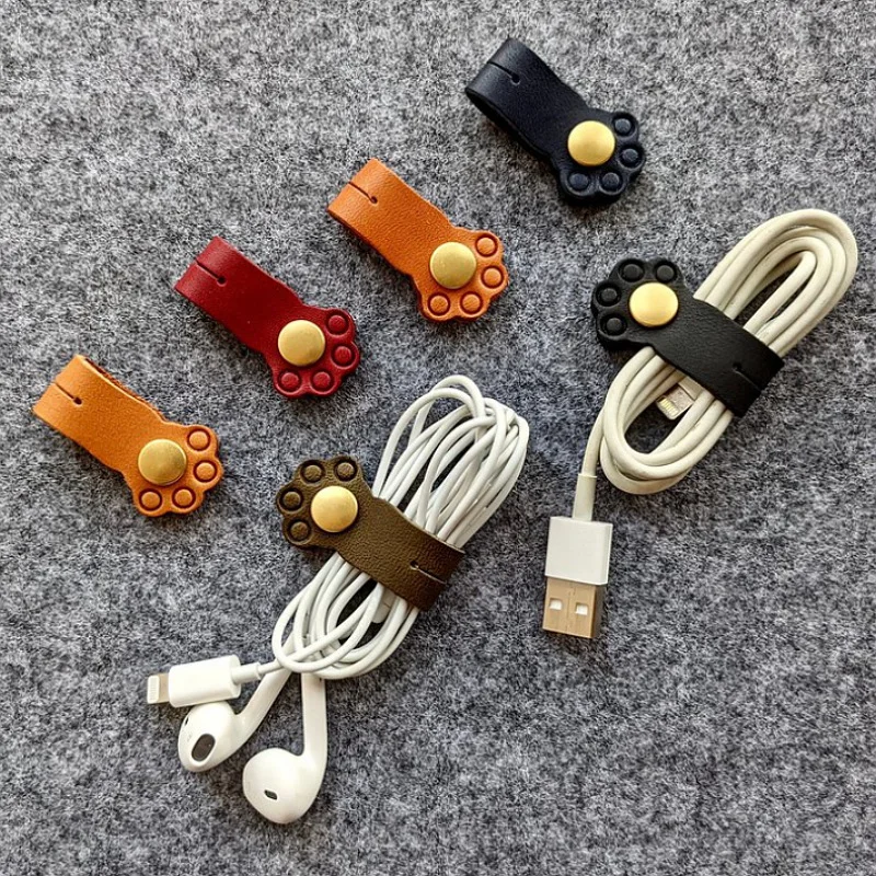 PU 가죽 이어폰 클립, 카와이 케이블 정리 도구, 고양이 발 케이블 와인더, USB 충전기, 데이터 라인 케이블 보호기, 책상 정리 도구