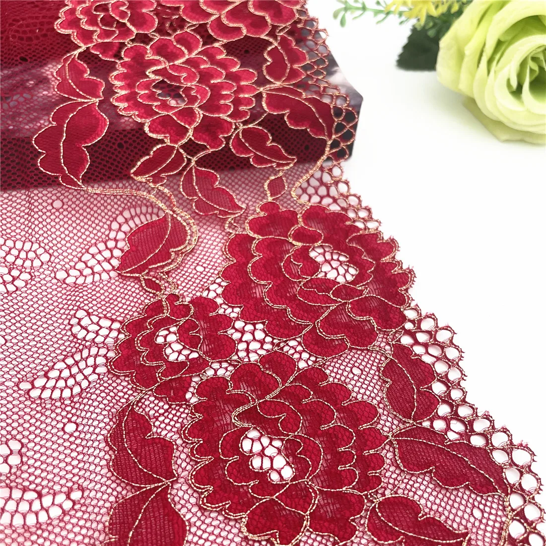3y/lot Width 23cm Red With Golden Elastic Stretch Lace Trim 2