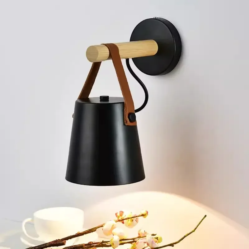 

LED Bedside Wall Lamp Nordic Wood Leather Belt Hanging Sconces For Bedroom Study Living Room Modern Home Indoor Decorative Light