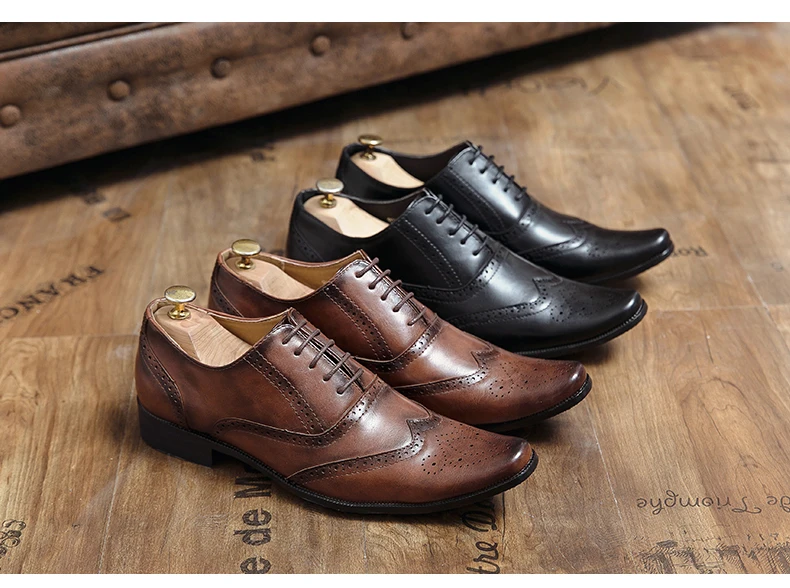 Luxuriöse Herren-Kleiderschuhe aus hochwertigem Leder, Brogue-Flügelspitze, Oxford, Schwarz, Braun, Schnürung, Business, Hochzeit, formelle Herrenschuhe – Detail 4