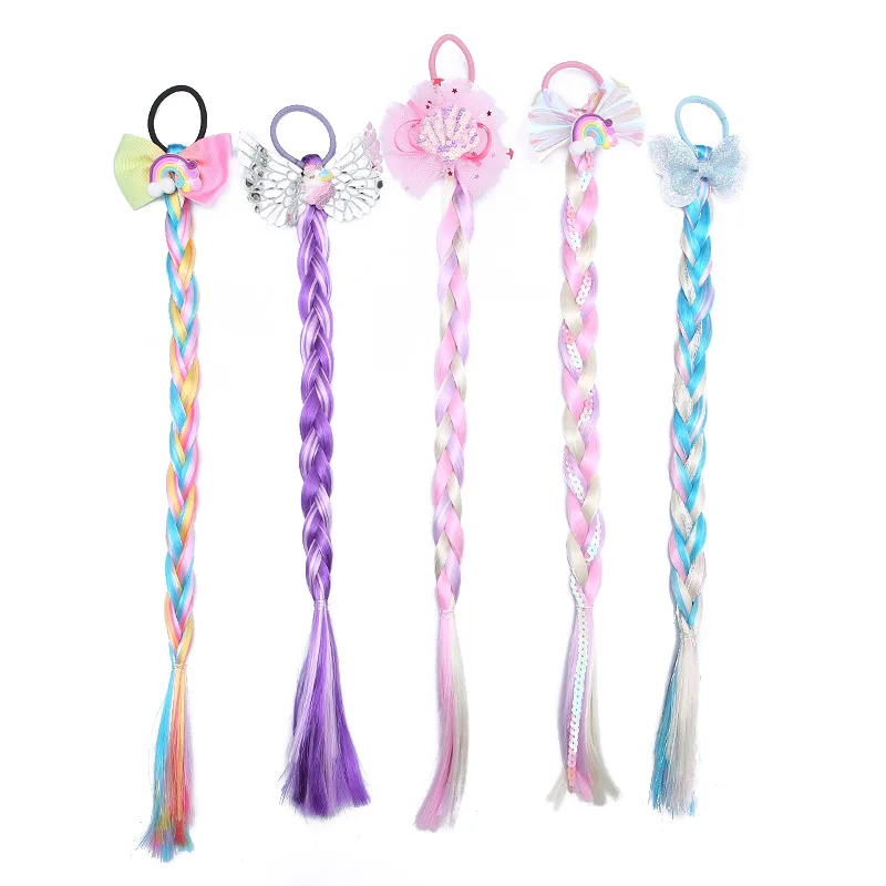 Langes Zopfhaar für kleine Mädchen, Rosen-Regenbogen-Perücke, Haargummi, Meerjungfrauen-Kopfschmuck, Prinzessinnen-Elsa-Cosplay-Zubehör – Detail 9