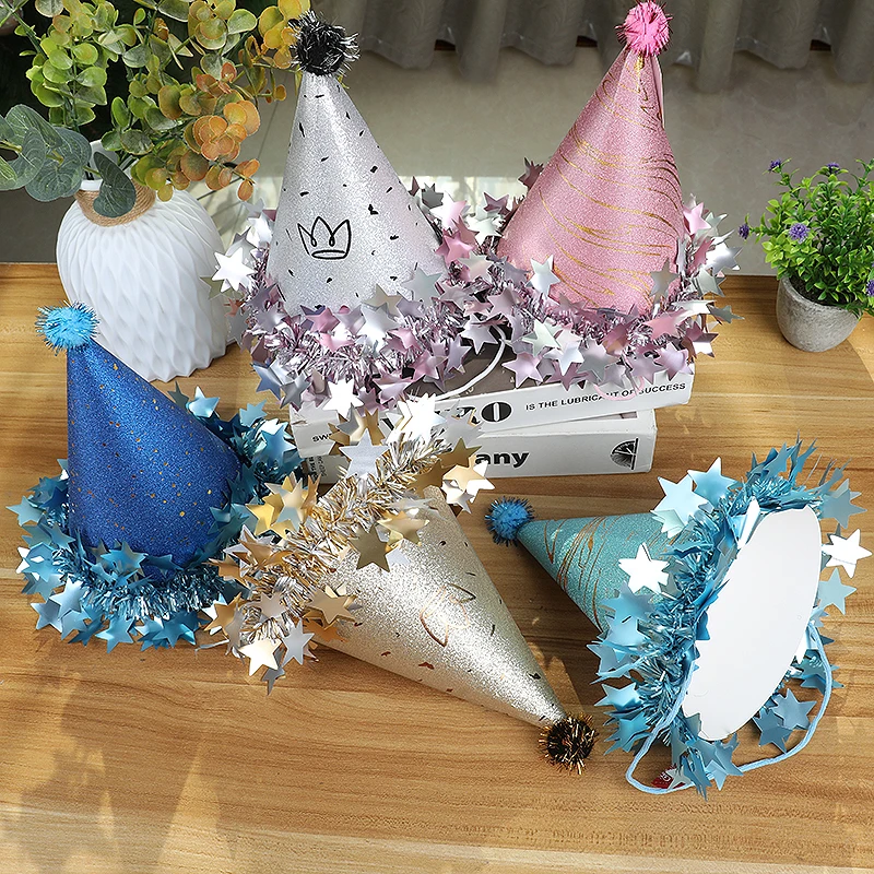 Creative Converting Boy 1st Birthday Party Hat - Blue Child Size Felt Cone Hat With Silver Ribbon