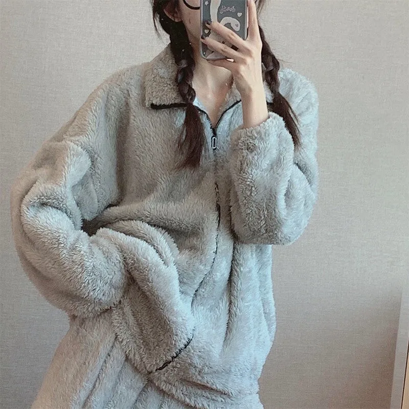 

Women Coral Velvet Pajamas Winter Thickened Sleepwear New Casual Warm Flannel Cardigan Loungewear Girl's Home Outfit Set Pijama