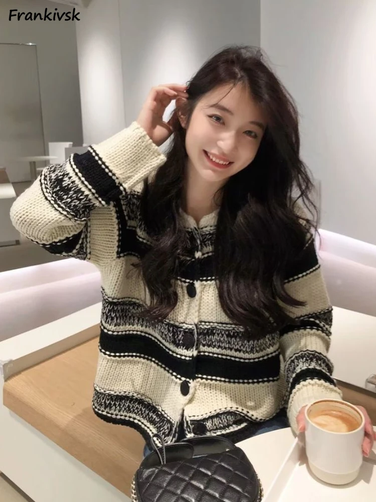 

Striped Cardigan Women Chic Vintage Fashion High Street All-match Daily Autumn Knitwear Korean Style Contrast Color Sweater Soft