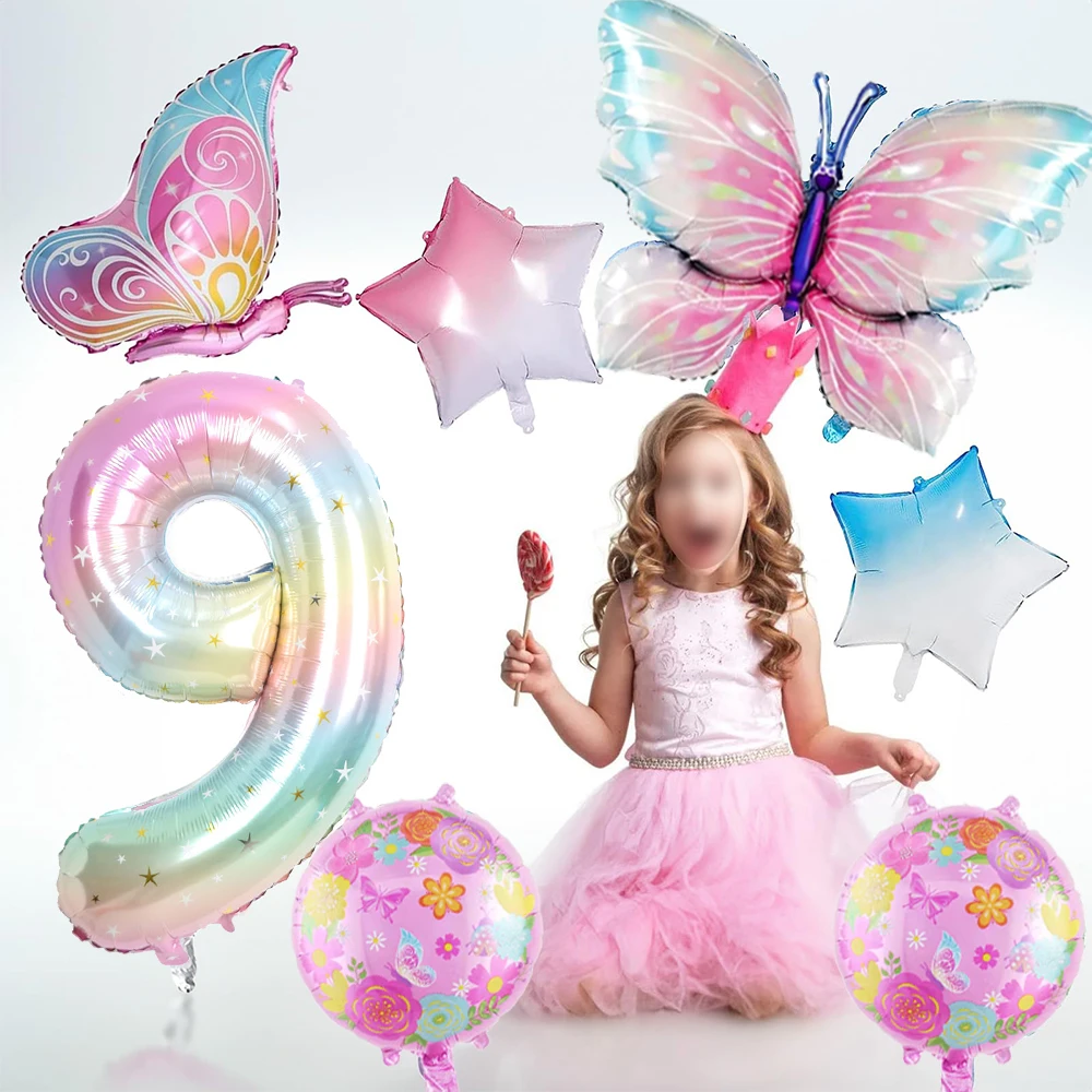 40 Zoll Farbverlauf bunte große Zahl 1-9 Folienballon rosa Schmetterlingsballons für Mädchen Fee Geburtstagsdekoration Partyzubehör – Detail 18