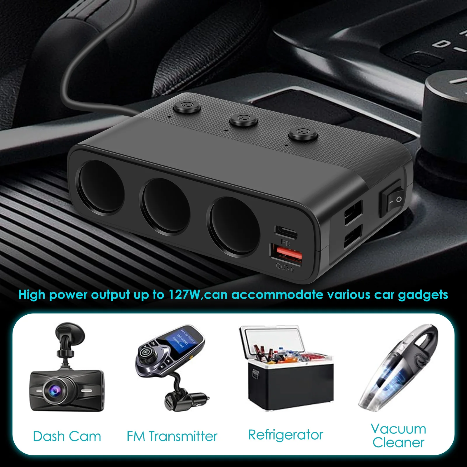 Car Charger Adapter with 3 Sockets 2 USB Ports 1 QC 3.0 Port 1 PD