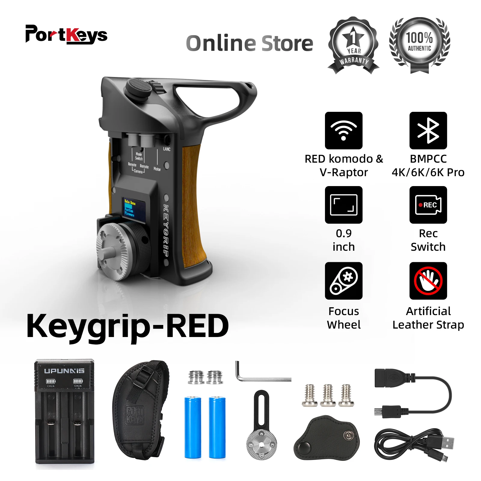 Portkeys Keygrip-Red Right Handle Wireless Wired Camera Conctrol Red Komodo V-Raptor Bmpcc Z Cam E2-F6 Con Schermo Oled Da 0.9 Pollici