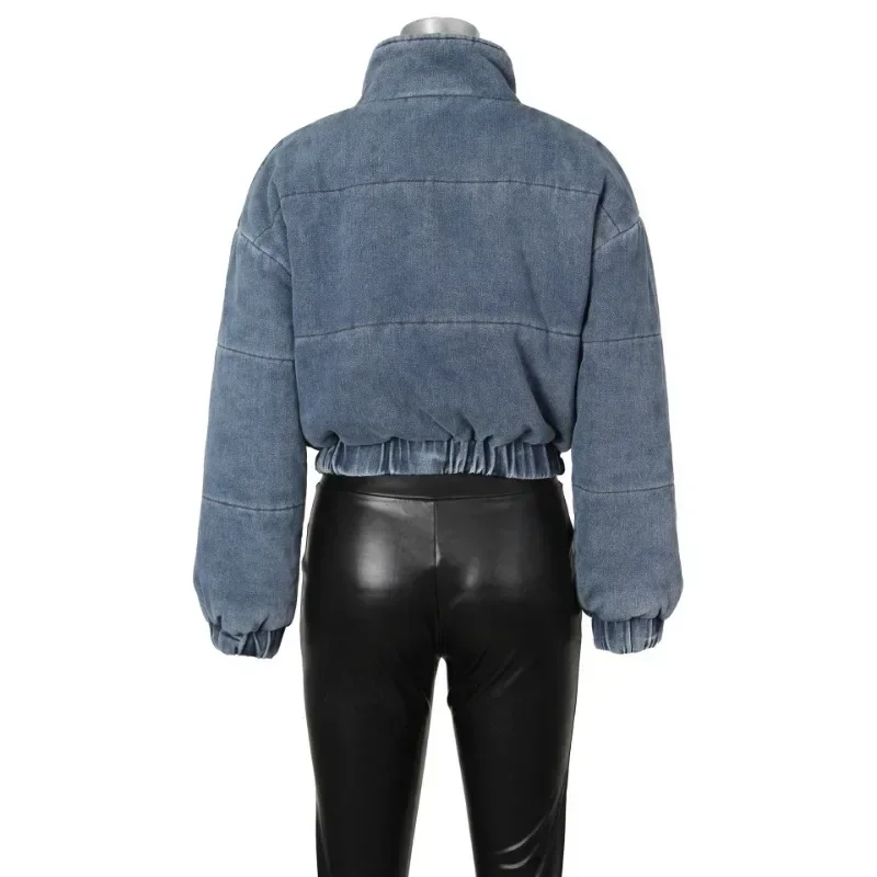 Warm Thick Cargo Denim Parkas Jacket Women Fashion Multi Pockets Stand Collar Long Sleeve Zipper Winter Cotton Padded Jeans Coat