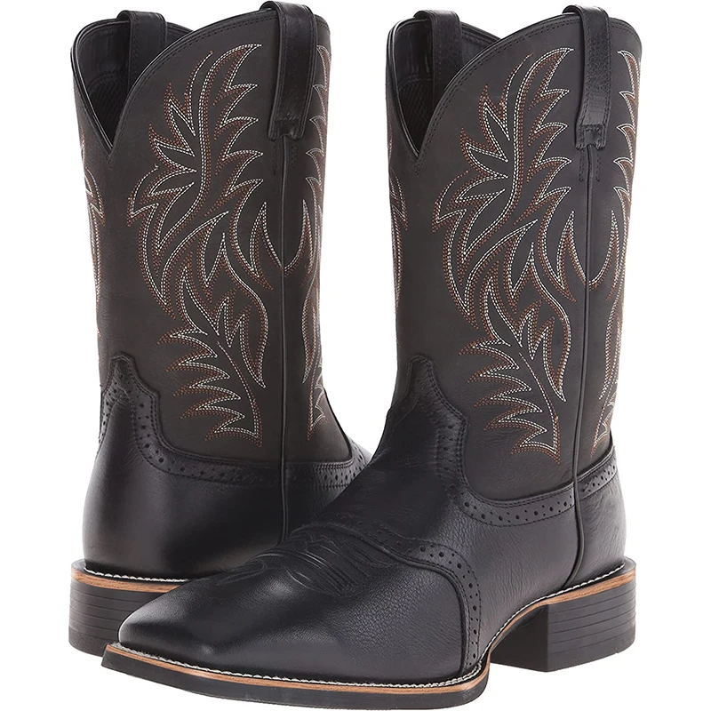 Men Boots High Barrel Embroidery Retro Western Denim Boots Carved Patchwork Square toe Men Footwear Big Size Shoes For Men