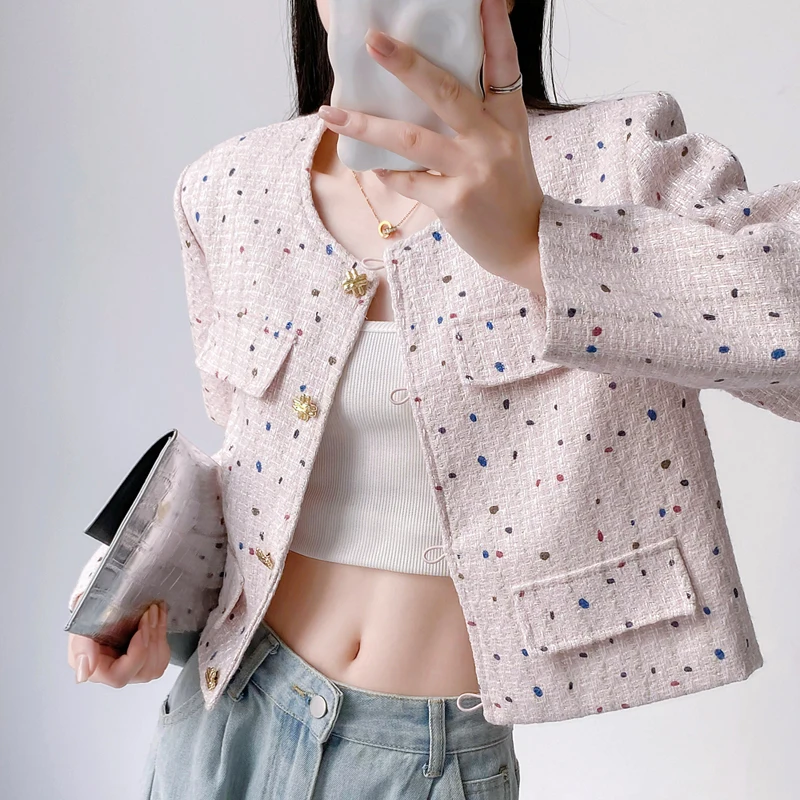 

JAMERARY Fashion Dots Loose Tweed Coats Women Jackets White