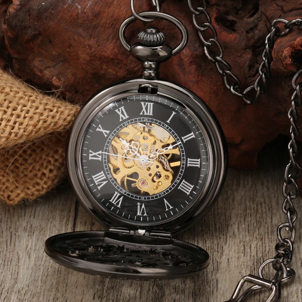 Steampunk Hollow Black 기계식 손으로 감는 회중 시계 남자 FOB 체인 펜던트 시계 로마/아라비아 숫자 다이얼 시계