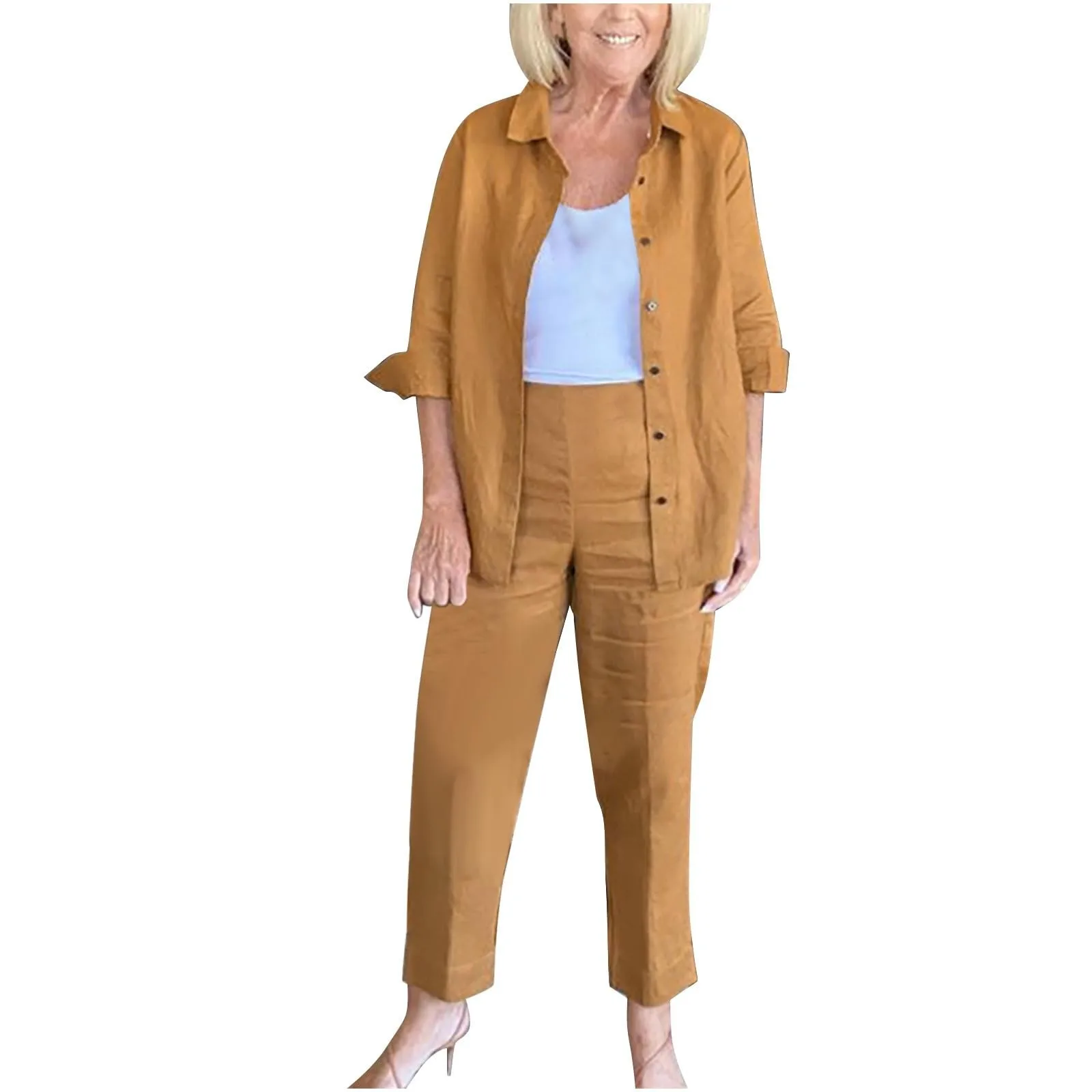 

Cotton Linen Sets For Women Button Down Shirt Two Piece Pant Sets Y2k Long Sleeve Outfits Business Matching Streetwear 신상투피스