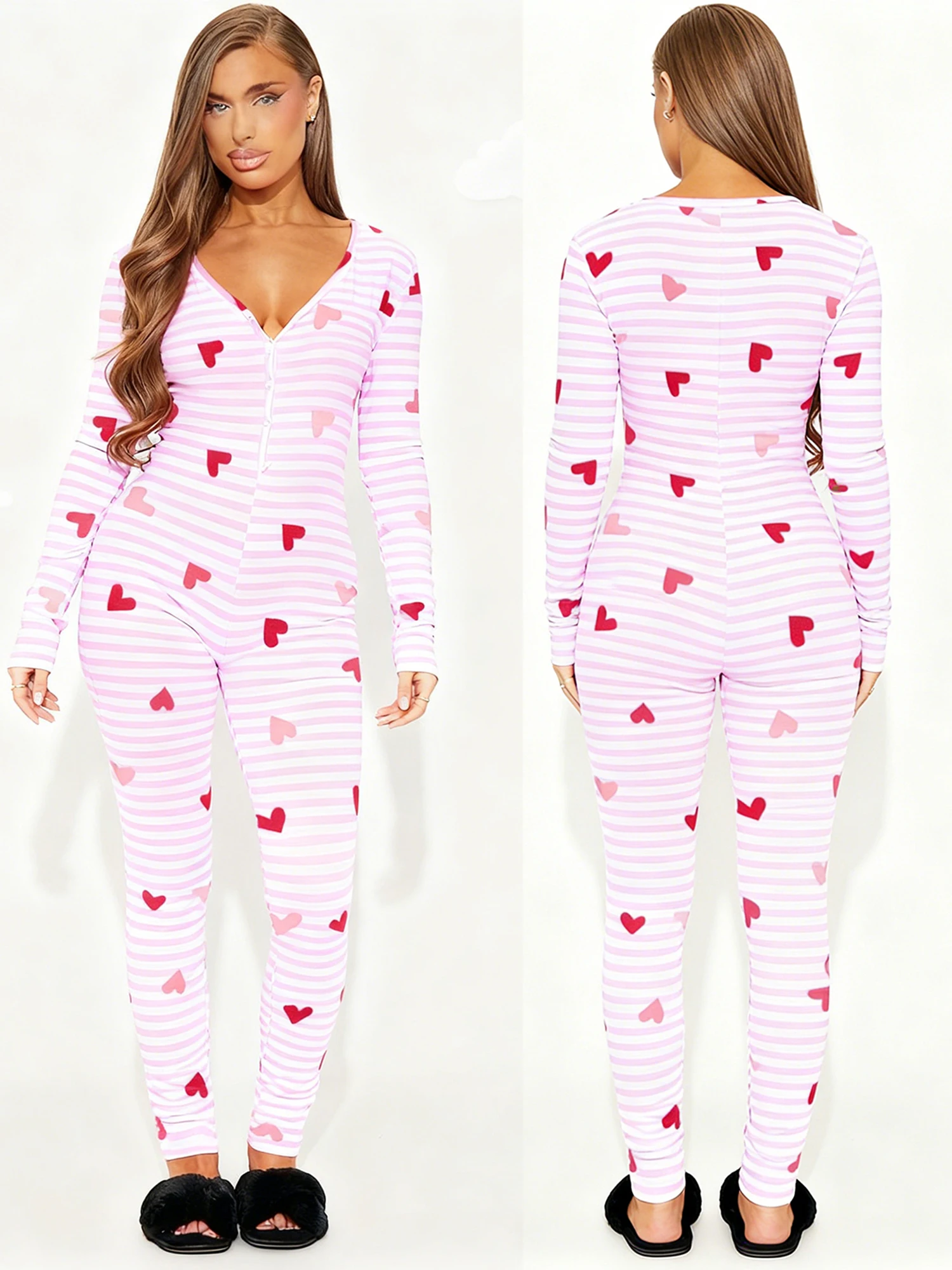 Women s Valentine s Day Jumpsuit Elegant  Fit Casual Heart Print Striped Button Up V-Neck Long Sleeve Romper with Bow Detail