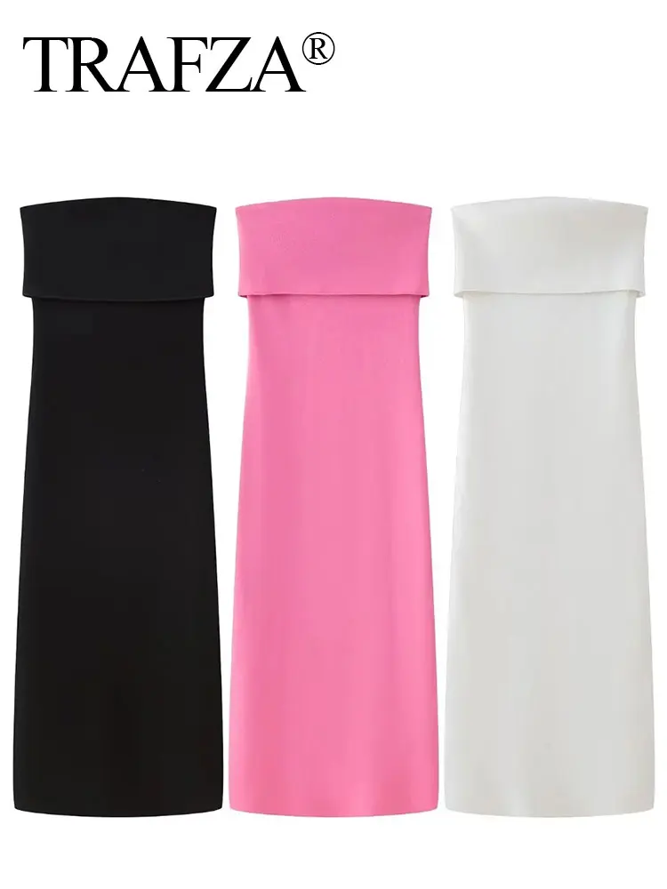 HH Women Off Shoulder Strapless Dress Midi Dress Lady Sexy Slim Backless Straight Dress Summer Female Knitted Pink Dresses