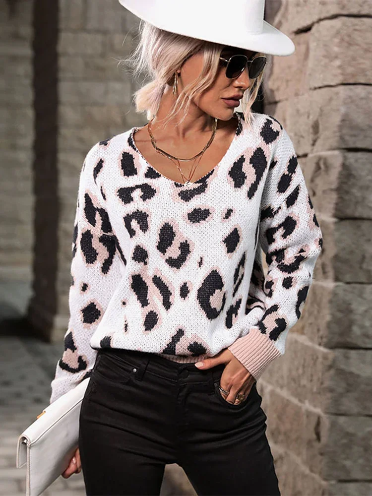

Женский свитер с леопардовым принтом, свободный Универсальный трикотажный свитер с V-образным вырезом и длинным рукавом, Осень-зима 2023