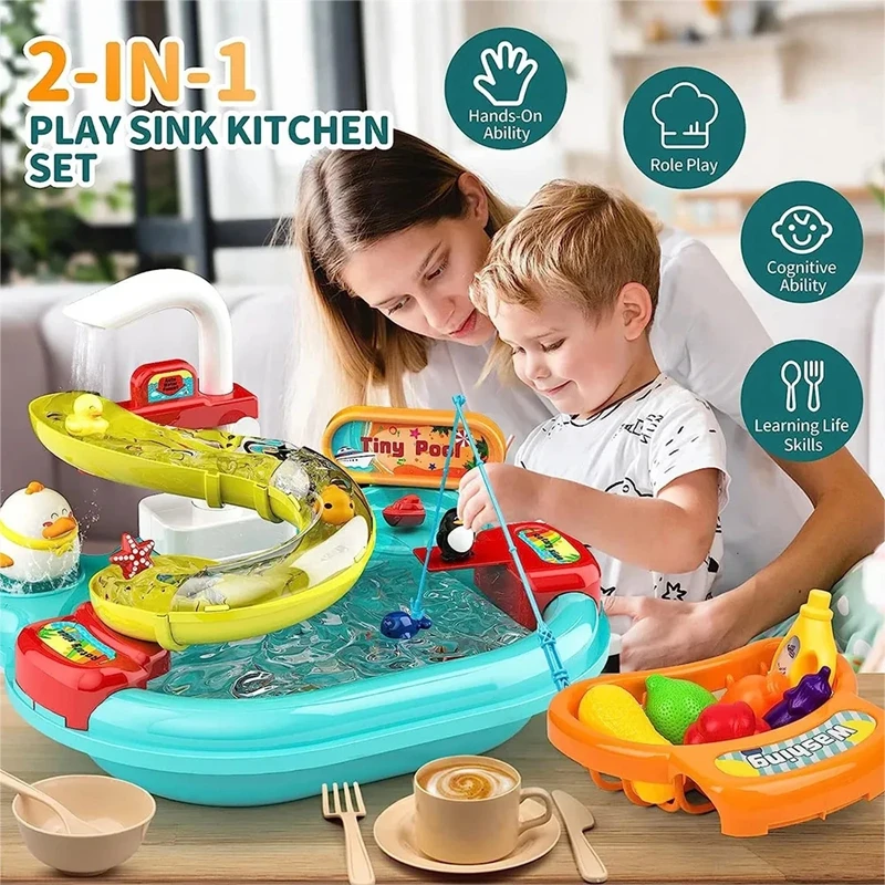Lavello Giocattolo Per Bambini Con Cucina Multifunzionale - Rubinetto Elettrico A Ricircolo, Accessori Termocromatici, Gioco Di Ruolo 3+ - 4