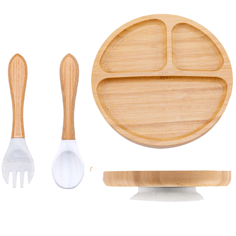 3Pcs/Set Baby Bamboo Sucker Plates Fork Spoon Sets Non-slip Tableware Children's Feeding Dishes BPA Free